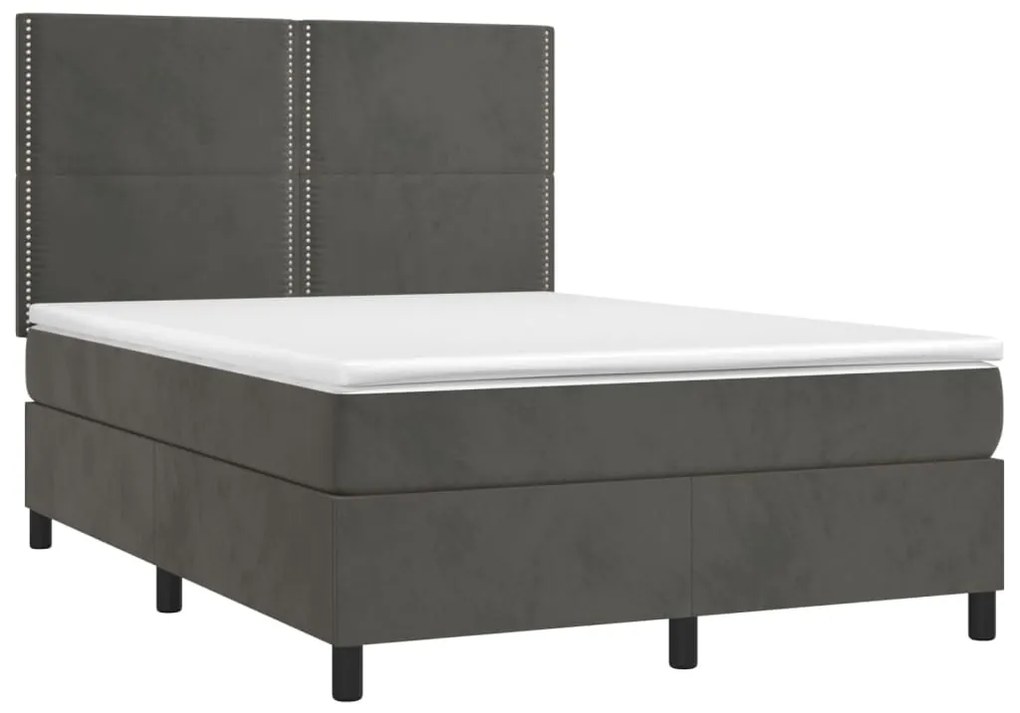 Cama box spring c/ colchão/LED 140x200cm veludo cinzento-escuro