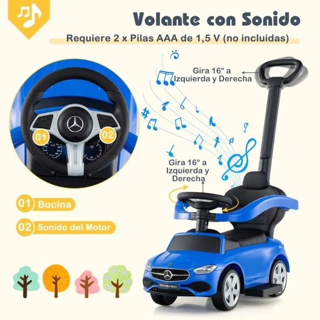 Andador Carro 3 em 1 para criança com barra de empurrar Capota ajustável Pedal e buzina para crianças de 18 a 36 meses Azul Marinho