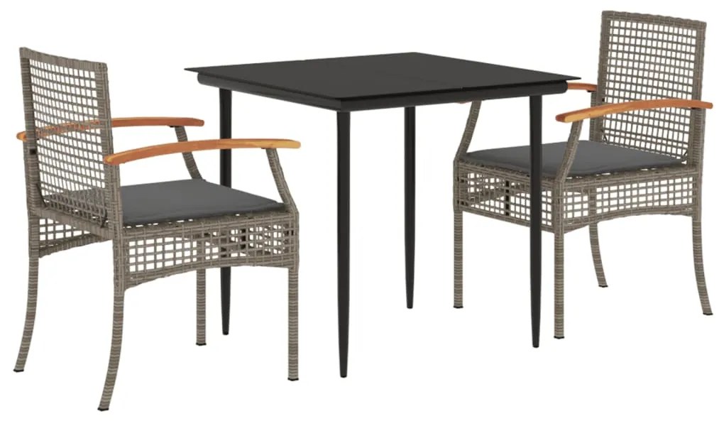 3 pcs conjunto de jantar p/ jardim c/ almofadões vime PE cinza