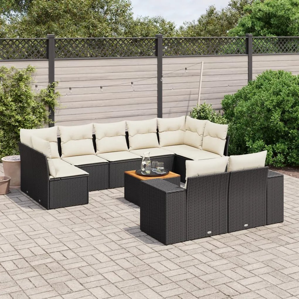 10 pcs conjunto sofás de jardim c/ almofadões vime PE preto
