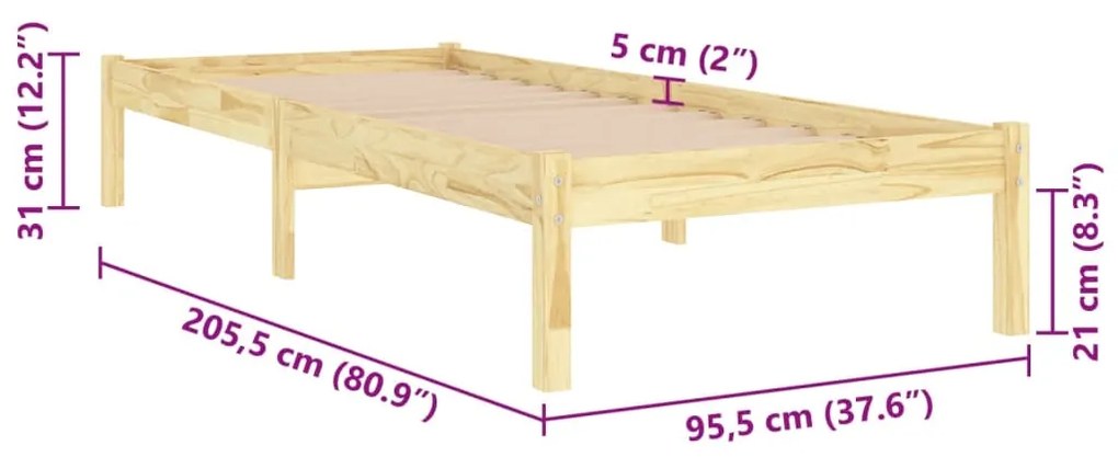 Estrutura de cama 90 x 200 cm madeira de pinho maciça