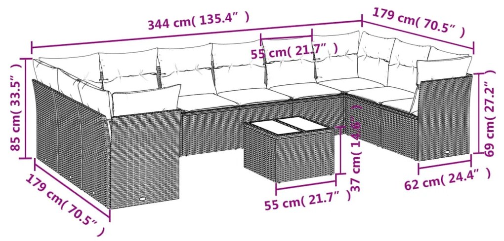 11 pcs conjunto sofás de jardim c/ almofadões vime PE castanho