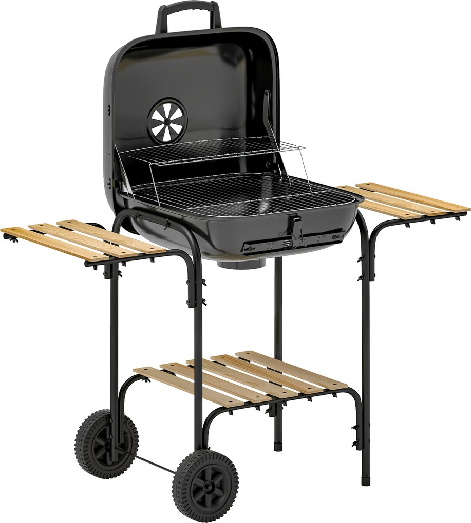 Outsunny Churrasqueira a Carvão Chariot de Cozimento com Área de Cozimento 1840 c㎡ com Tampa Prateleiras e Rodas Preto | Aosom Portugal