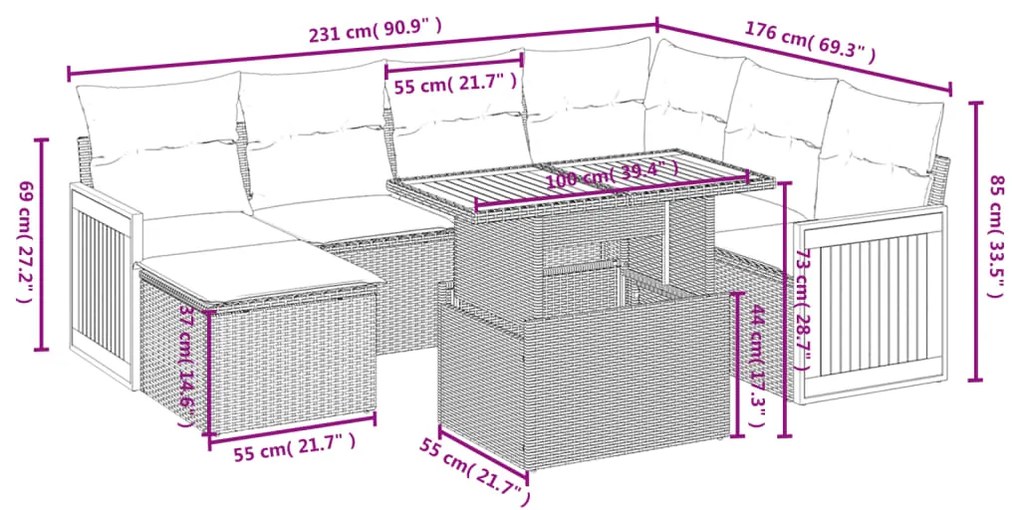 8 pcs conjunto sofás de jardim com almofadões vime PE preto