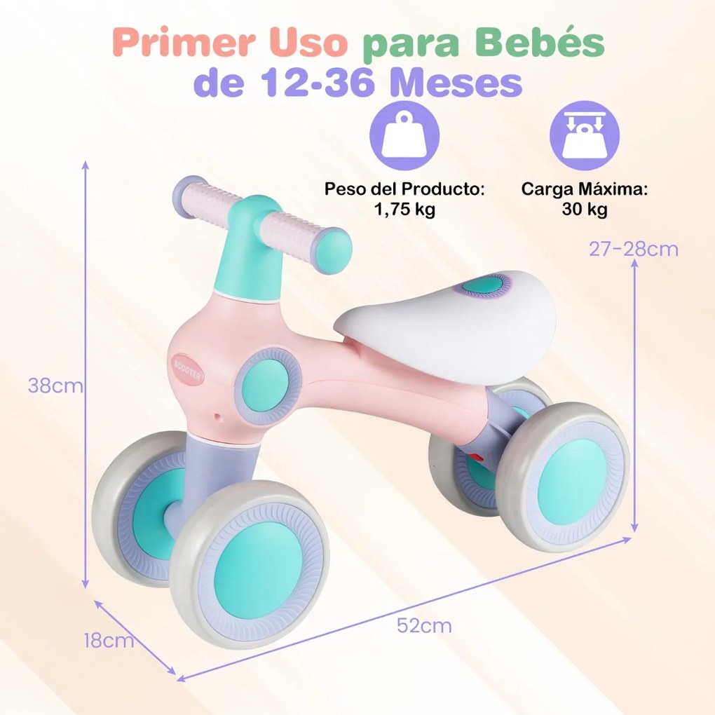Bicicleta de equilíbrio para crianças com 4 rodas, montagem rápida, assento ajustável 1-3 anos, Rosa