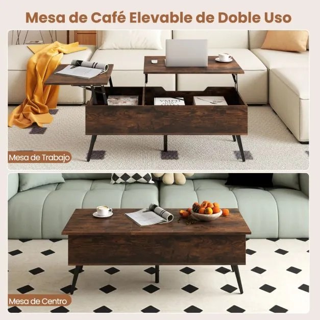 Mesa de centro moderna elevável com 2 compartimentos de armazenamento ocultos 111 x 48 x 40-53,5 cm Castanha