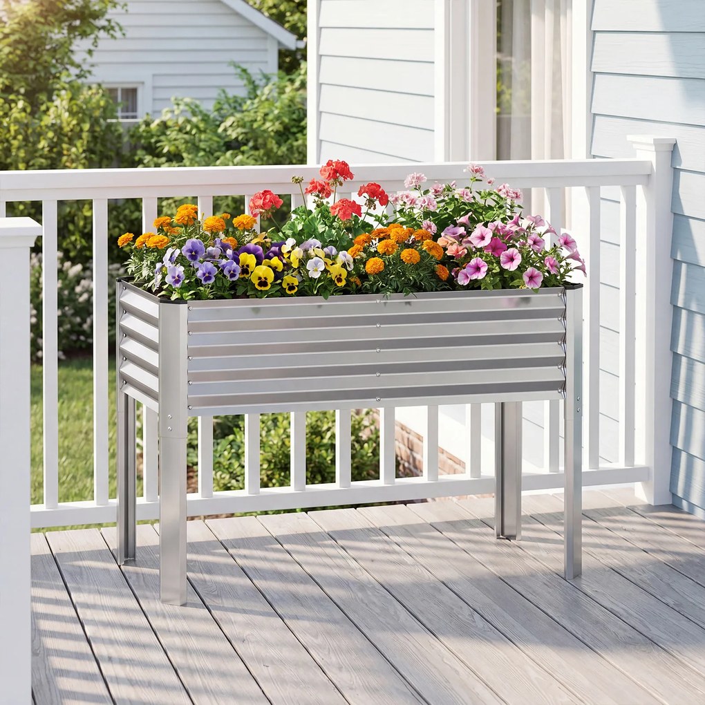 Floreira elevada de jardim 118 x 60 x 77,5 cm com Estrutura em metal galvanizado, pés elevados, sistema de drenagem e base alta para terraço ou pátio