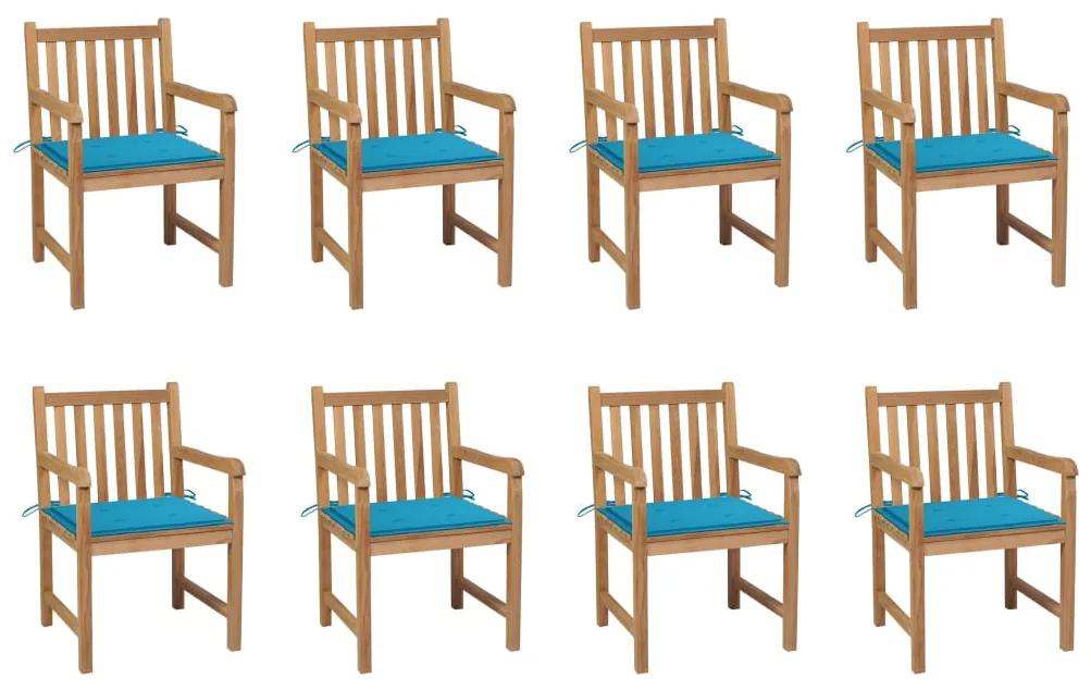 Cadeiras de jardim c/ almofadões azul 8 pcs teca maciça