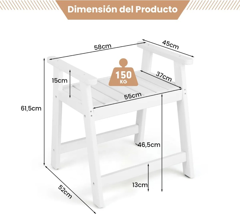 Banco de banho com braços, banco impermeável para casa de banho, 58 x 52 x 61,5 cm, branco
