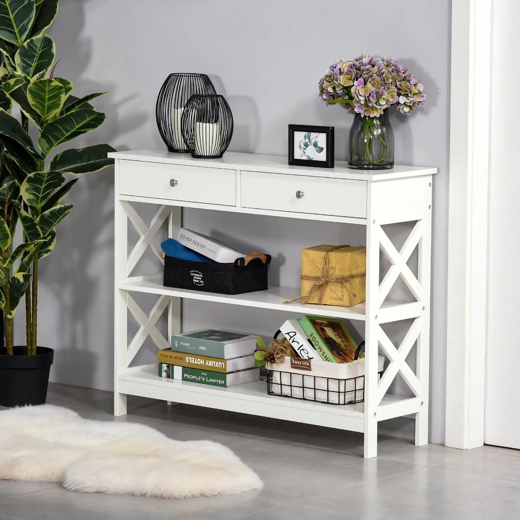 Mesa de console para Corredor com 2 gavetas e 2 prateleiras inferiores Móveis modernos 100x30.5x80 cm Branco