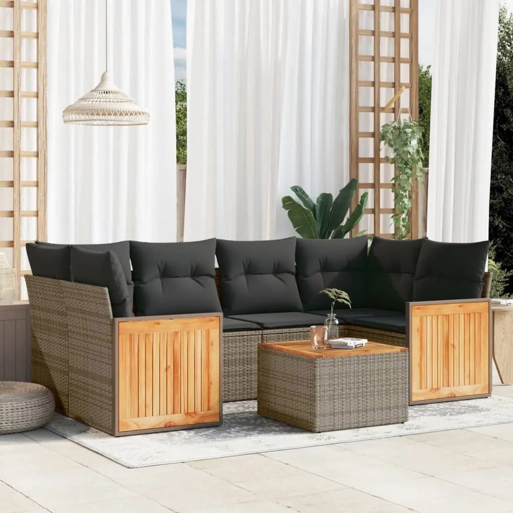 vidaXL 7 pcs conjunto sofás p/ jardim c/ almofadões vime PE cinzento