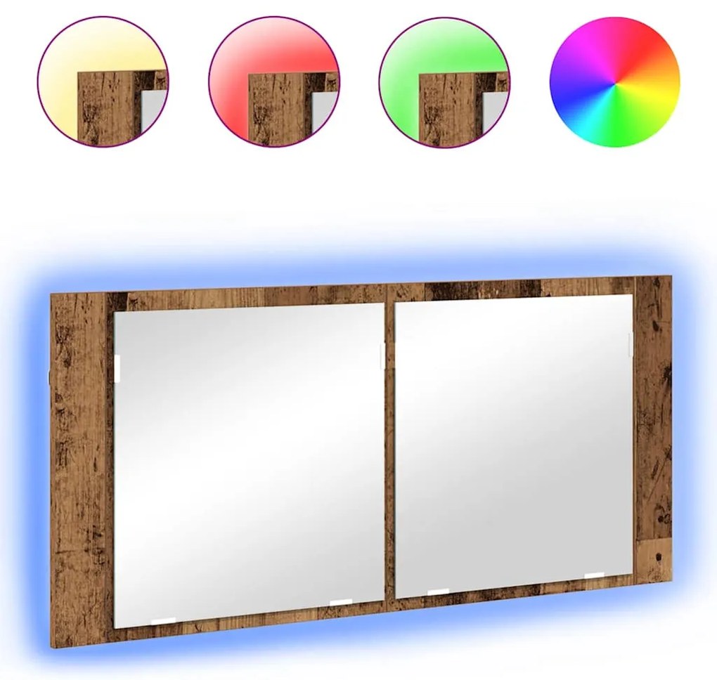 Armário de Espelho LED Madeira Velha 100x12x45 cm