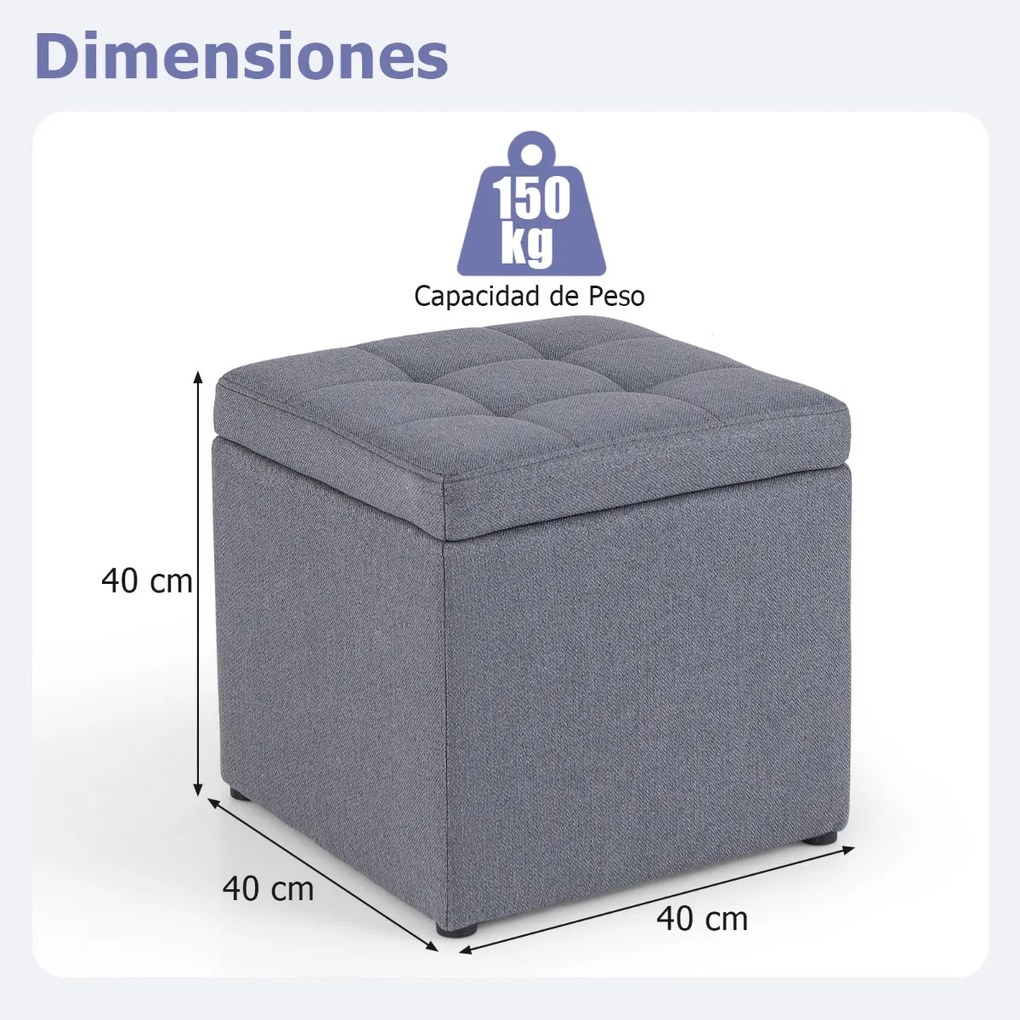 Banco quadrado com arrumação em tecido de linho estofado com tampa e assento almofadado para quarto 40 x 40 x 40 x 40 cm cinzento