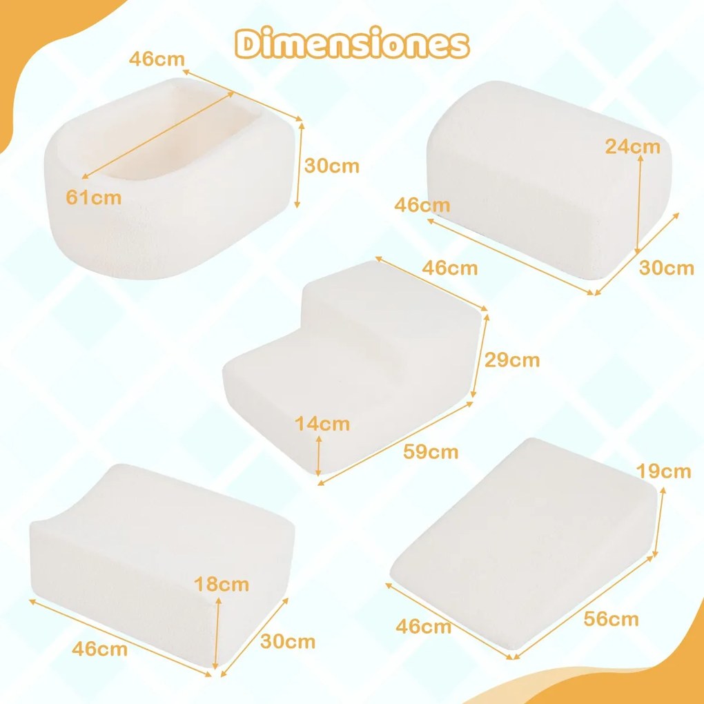 Blocos de espuma para crianças suave de 5 peças com piscina de bolinhas (NÃO INCLUIDAS) e capas Sherpa bege