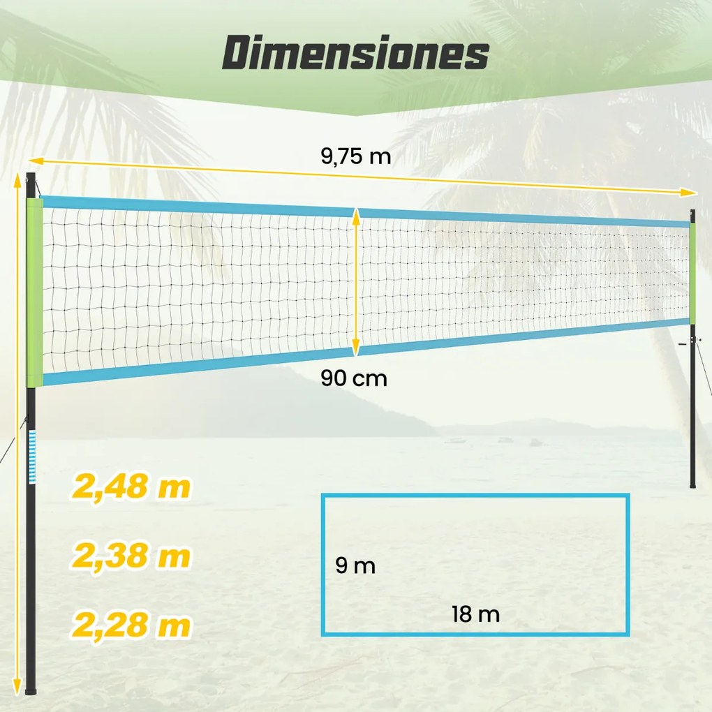 Conjunto de rede de voleibol portátil para exterior Sistema de rede de voleibol de alta resistência com postes ajustáveis em altura Azul + Verde