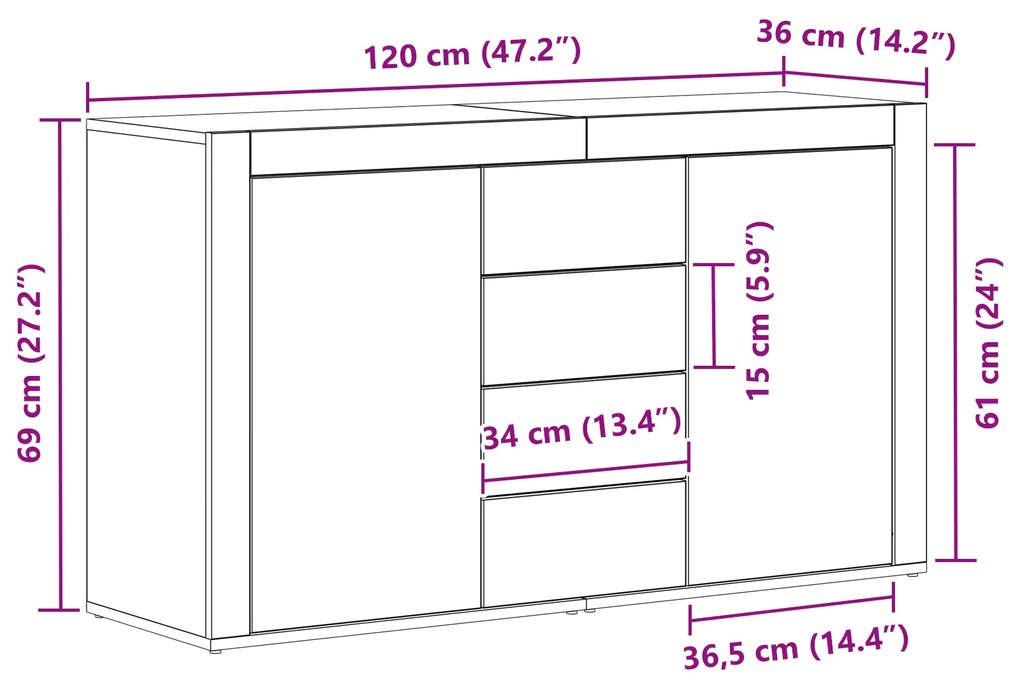 Aparador Branco Branco Madeira 120 x 36 x 69 cm Armazenamento