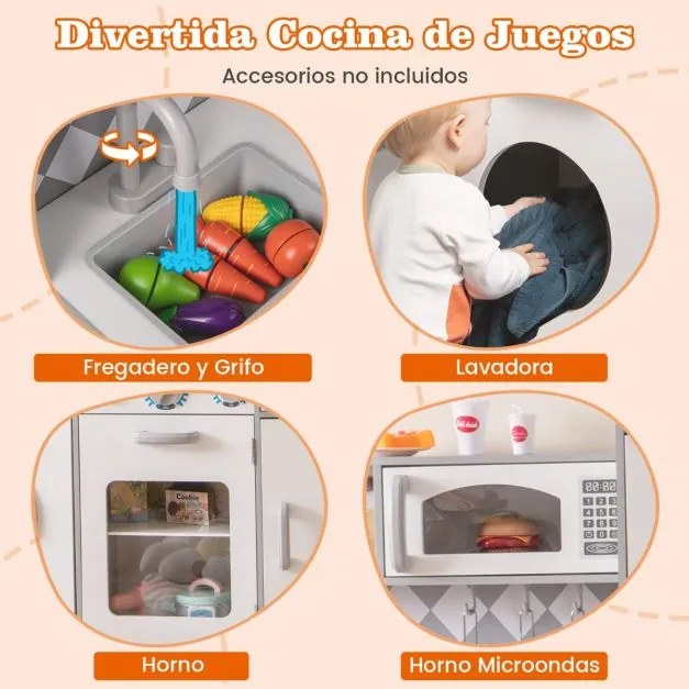 Cozinha Brincar para crianças com mais de 3 anos, em madeira, com máquina de gelo, fogão, máquina de lavar roupa, forno micro-ondas, sons e luzes reai