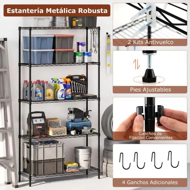 Estante metálica 91 x 35 x 182 cm ajustável de 5 níveis com grelha de arame com capacidade para 565 kg para casa, cozinha, garagem, escritórios Preta