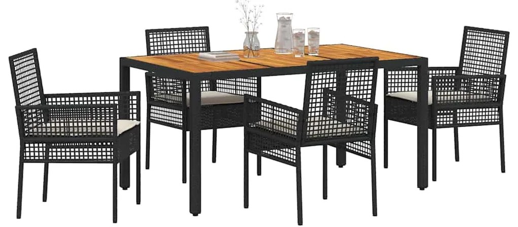 Conjunto de Jantar de Jardim de 5 Peças com Almofadas Pretas de Rattan