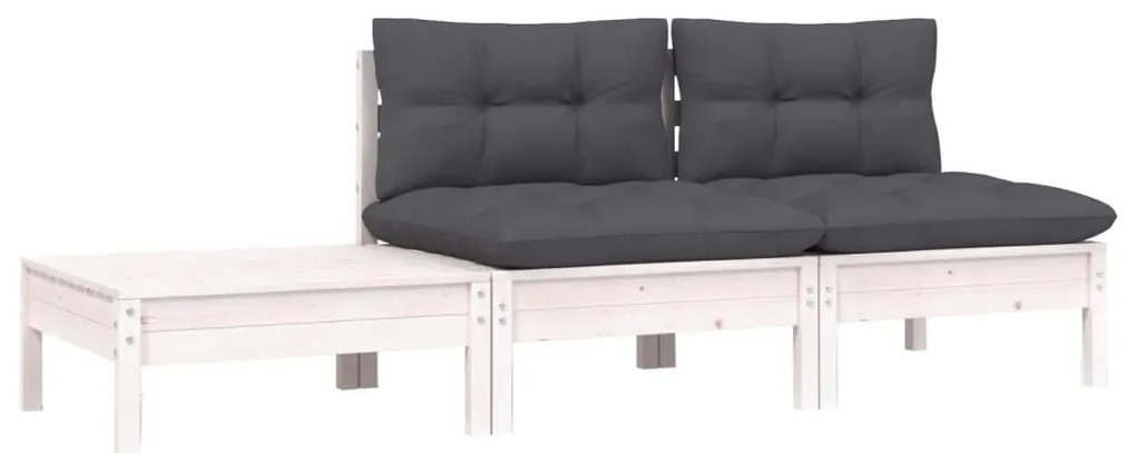 3 pcs conjunto lounge jardim c/ almofadões pinho maciço branco