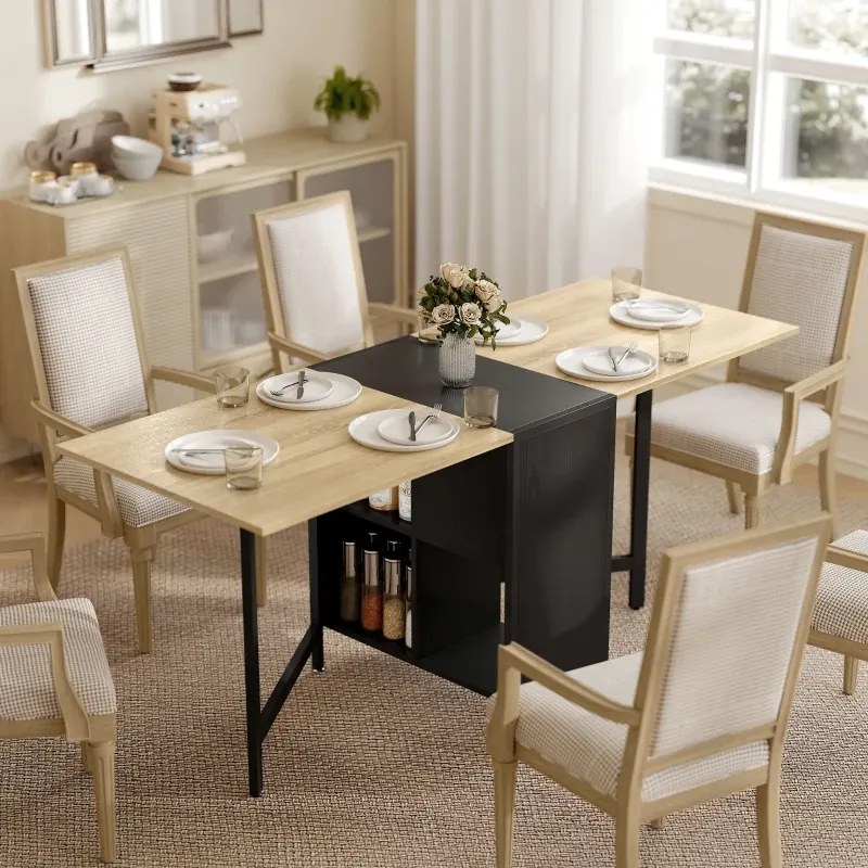 Mesa de Cozinha Dobrável com Arrumação 169x60x75 cm (CADEIRAS NÃO INCLUIDAS) Mesa de Refeição Compacta com 4 Prateleiras Madeira e Preto