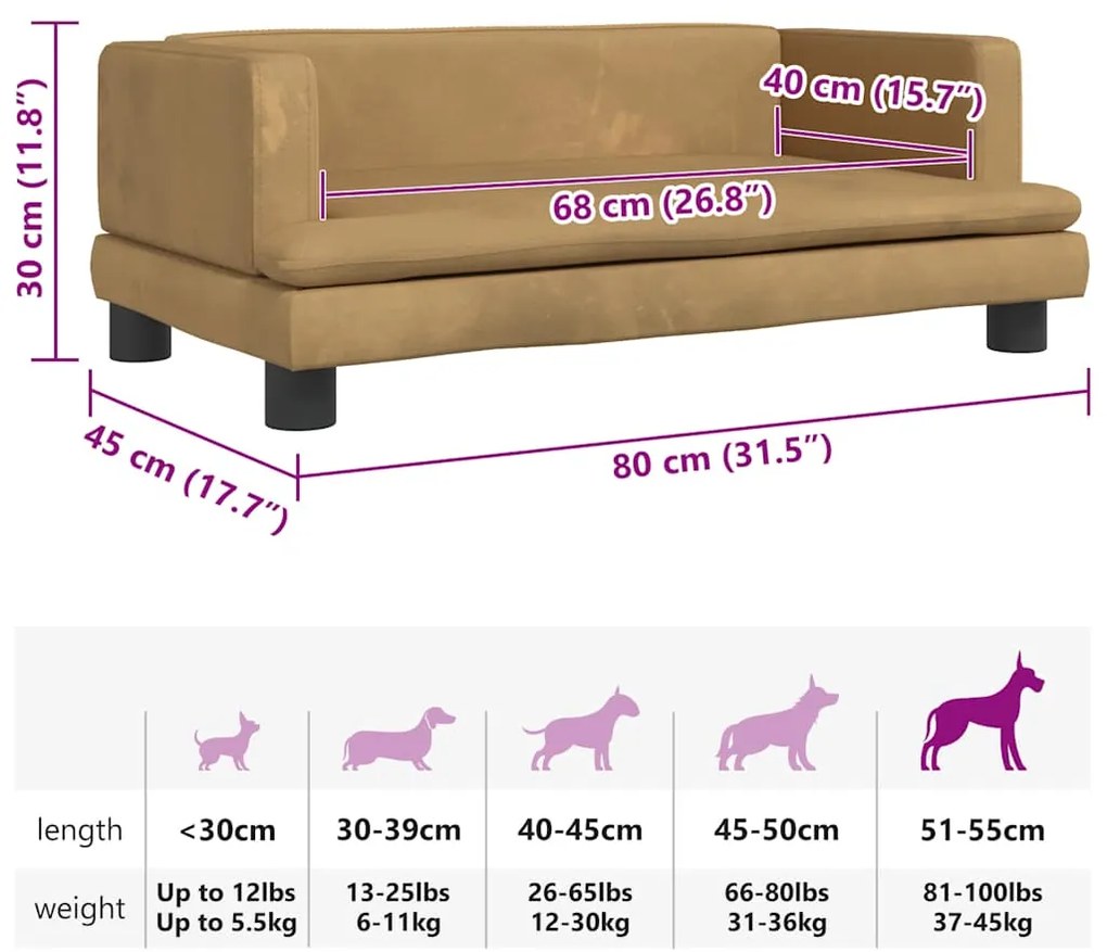 Cama para cães 80x45x30 cm veludo castanho