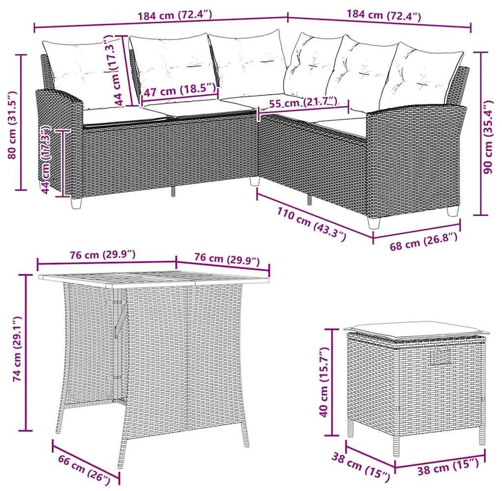 6 pcs conjunto sofás de jardim com almofadões em L vime PE