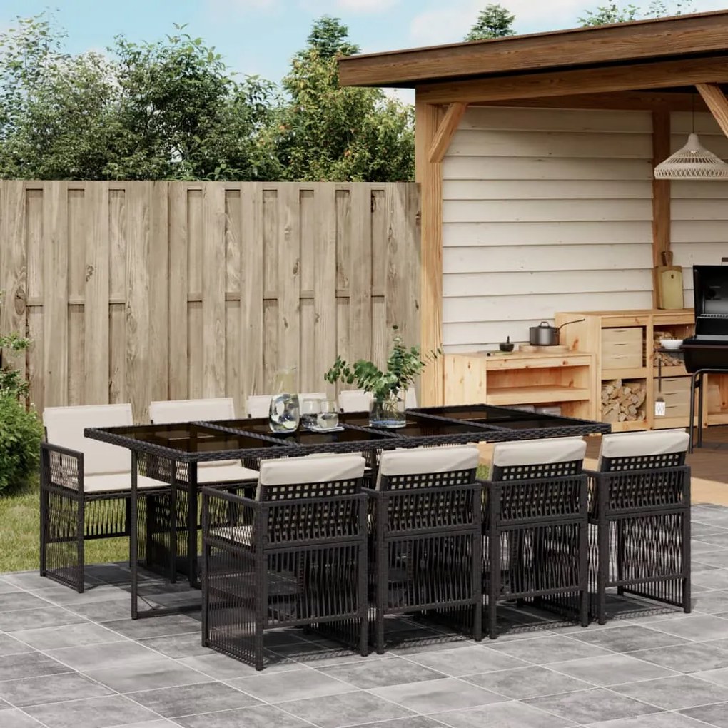 vidaXL 9 pcs conjunto de jantar p/ jardim c/ almofadões vime PE preto