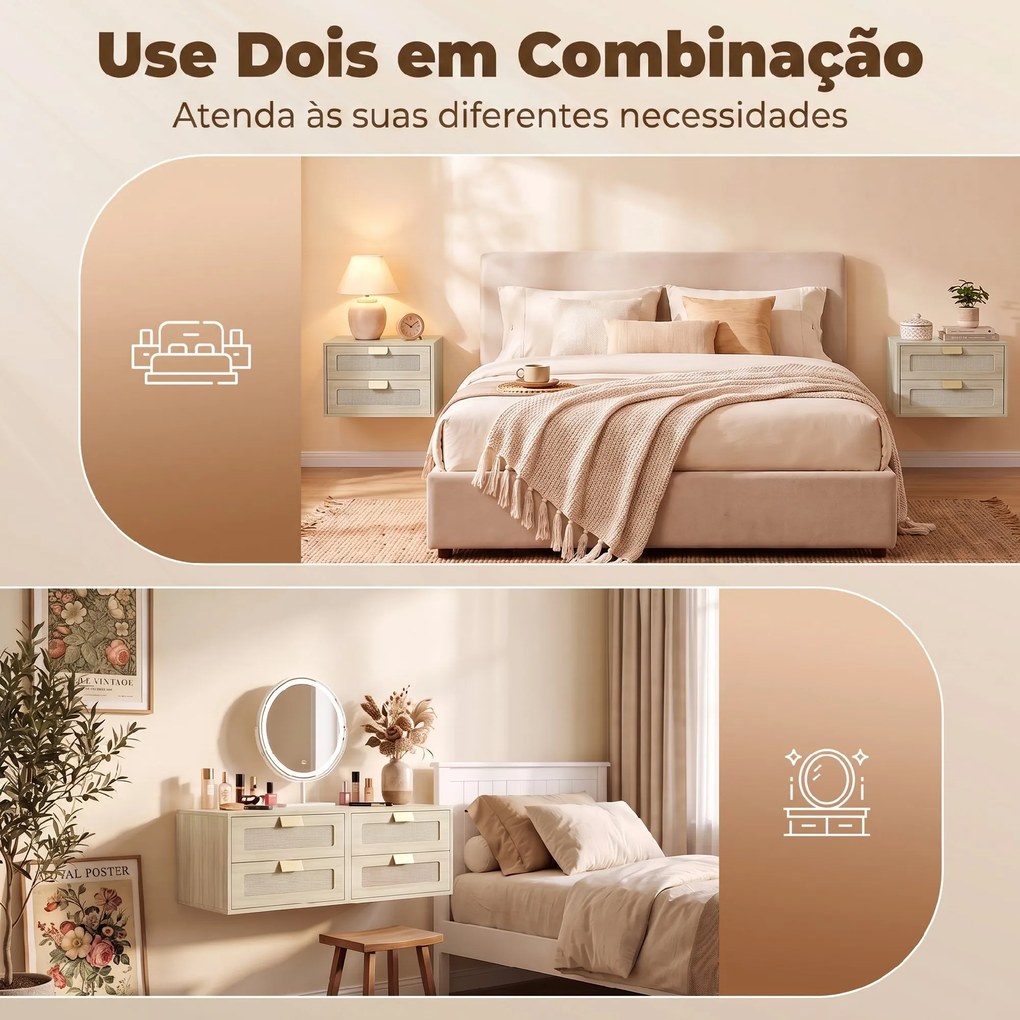 Conjunto de 2 Mesinhas de Cabeceira Suspensas com 2 Gavetas e Frente em Rotim Natural para Quarto 40x30x27,6 cm Carvalho