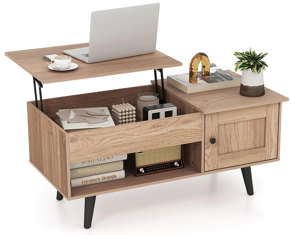 Mesa de centro 100 x 50 x 46 cm com tampo elevável e arrumação rebatível com compartimento oculto e estante para sala de estar natural