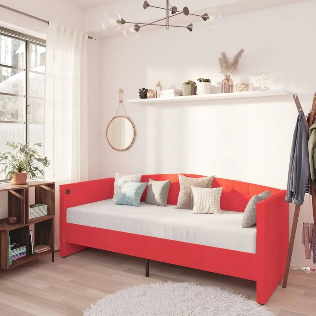 vidaXL Sofá-cama c/ saída USB 90x200 cm veludo vermelho tinto