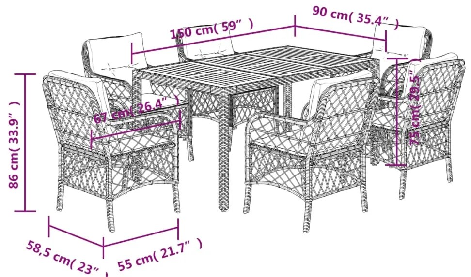 7 pcs conjunto de jantar p/ jardim c/ almofadões vime PE cinza