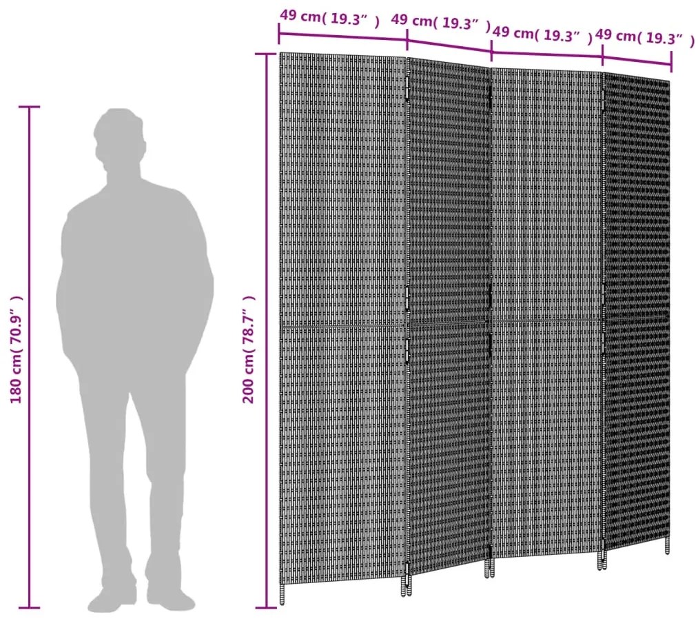 Biombo de divisão 4 painéis vime PE cinzento