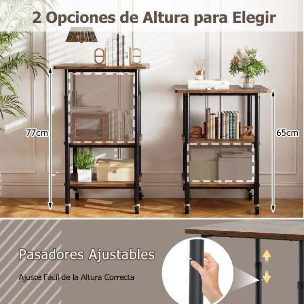 Suporte para impressora de 3 níveis 49 x 40 x 65/77 cm com 2 alturas ajustáveis Prateleiras de armazenamento Rodas universais bloqueáveis Café