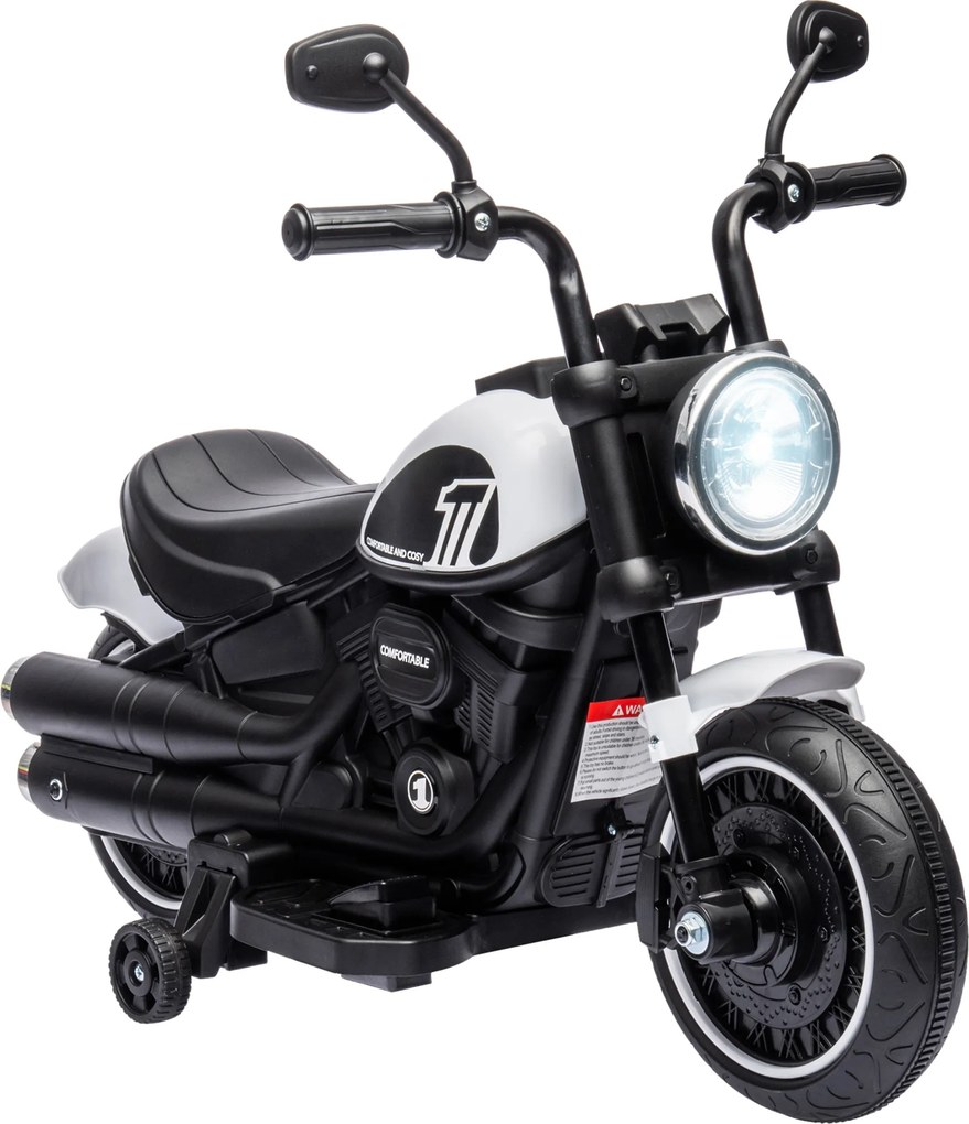 HOMCOM Motocicleta Elétrica para Crianças de 18-36 Meses com Bateria 6V Farol e Rodas Auxiliares Removíveis 76x42x57 cm Branca | Aosom Portugal