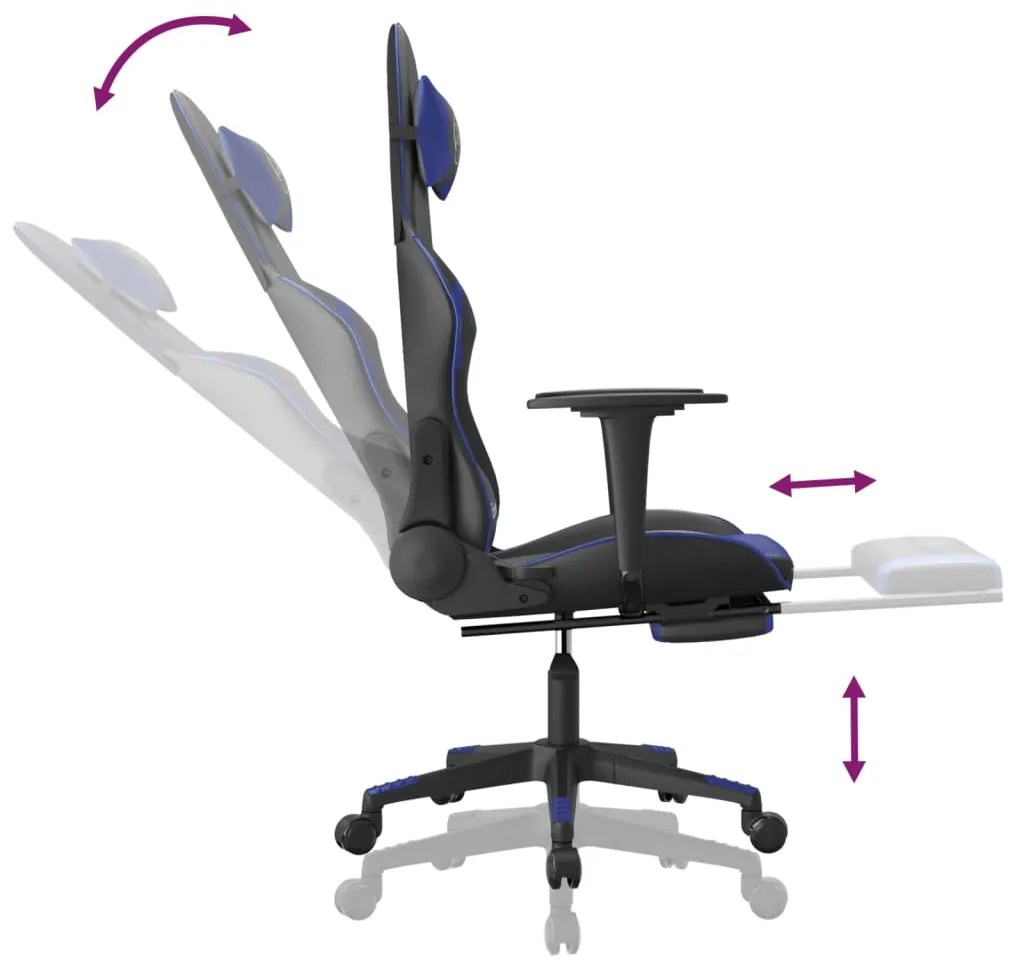 Cadeira gaming c/ apoio para pés couro artificial preto e azul