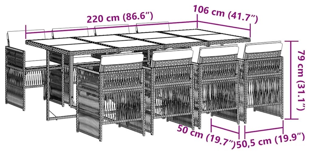 9 pcs conjunto de jantar p/ jardim c/ almofadões cinzento claro