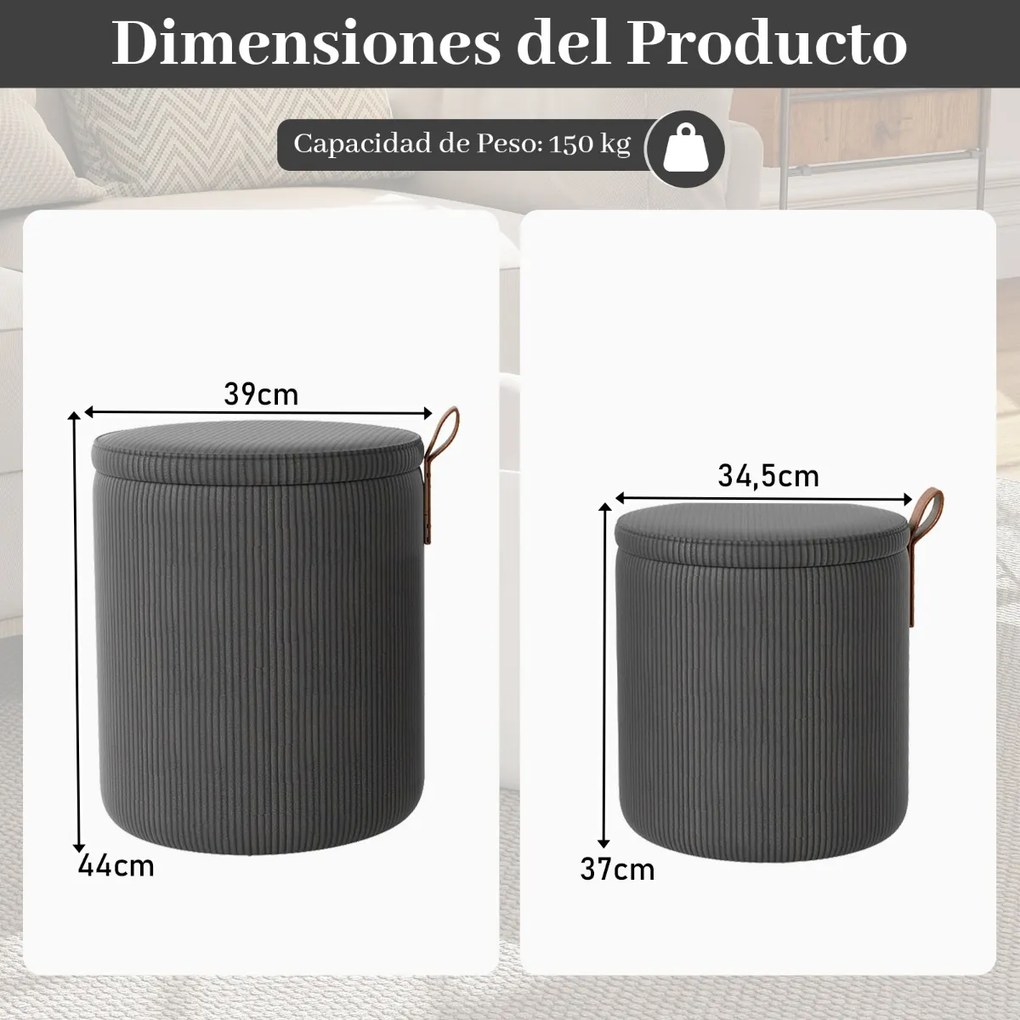 Conjunto de 2 pufes redondos com arrumação, bancos toucador estofados com tampos removíveis e assentos acolchoados, apoio para os pés multiusos Cinzen