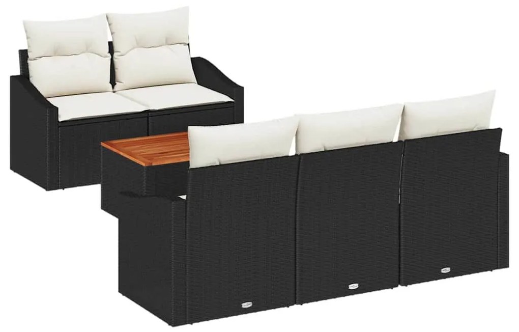 Sofá de Jardim 6 Peças com Almofadas Pretas em Rattan e Poliéster