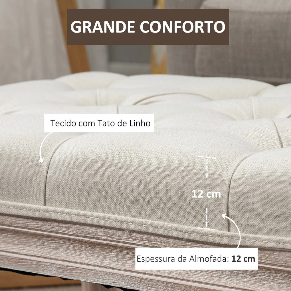 Banco Acolchoado – Margaux – 80x40x41 cm – Bege – Design Vintage e Clá