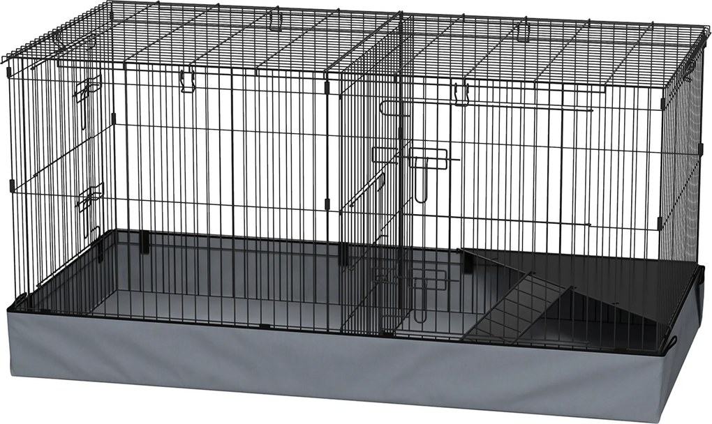 Gaiola 2 em 1 para pequenos animais 121 x 61 x 61 cm com tampa amovível, recinto para coelhos com 2 zonas separadas e rampa, em aço preto