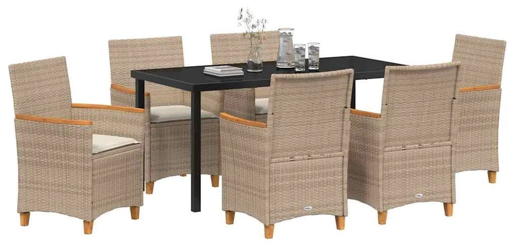 Conjunto de jantar de jardim com 7 peças e almofadas bege em rattan pl