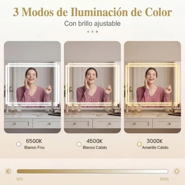 Espelho de maquilhagem com luz, 58 x 46 cm com 3 modos de iluminação regulável e controlo tátil inteligente Branco