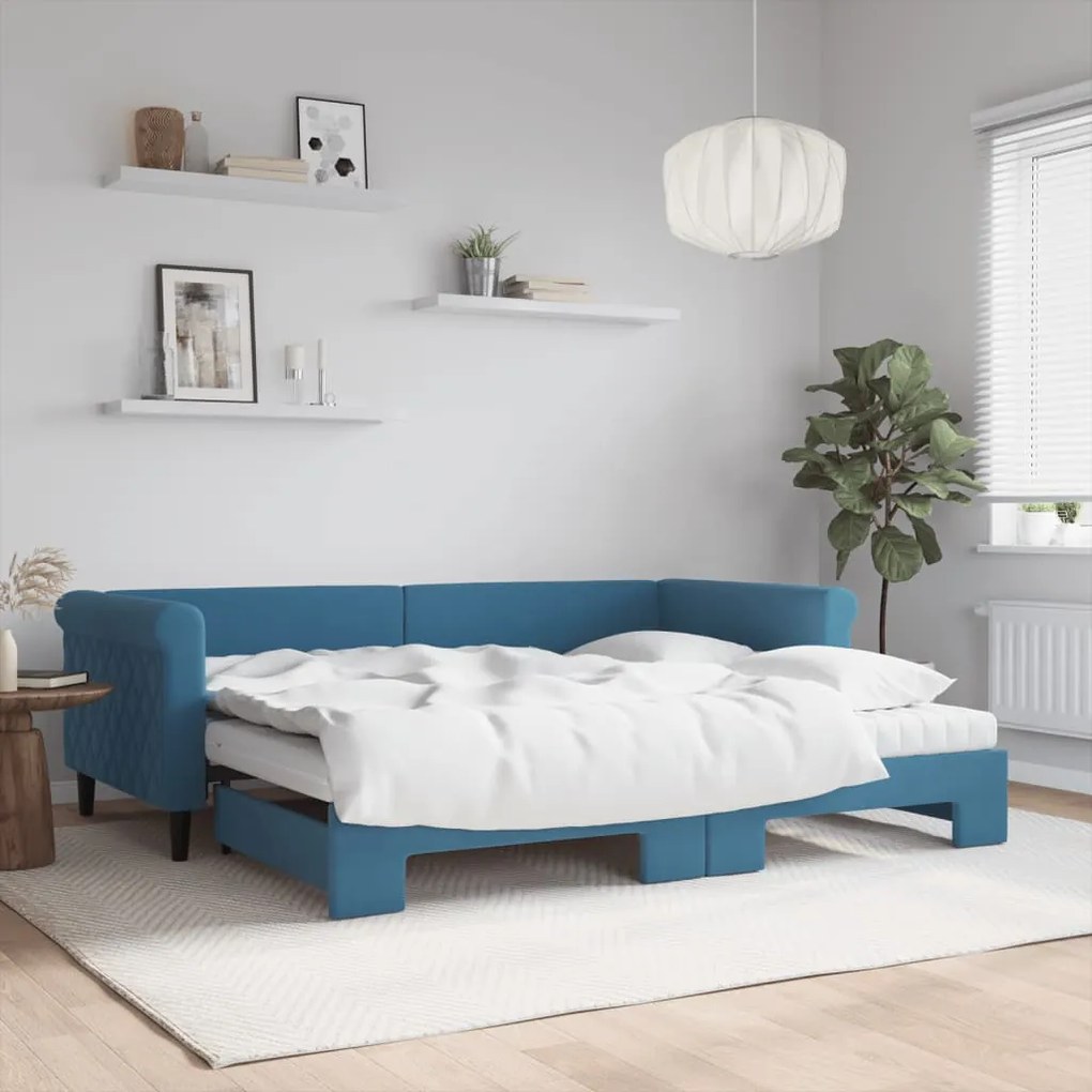 vidaXL Sofá-cama com gavetão e colchões 90x200 cm veludo azul