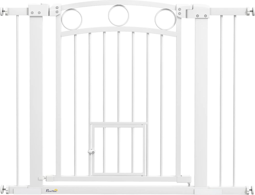 PawHut Portão para animais, grade para escadas 77 cm, largura ajustável 76-104 cm, com portinhola para gatos, para escadas e aberturas de portas, Branco | Aosom Portugal
