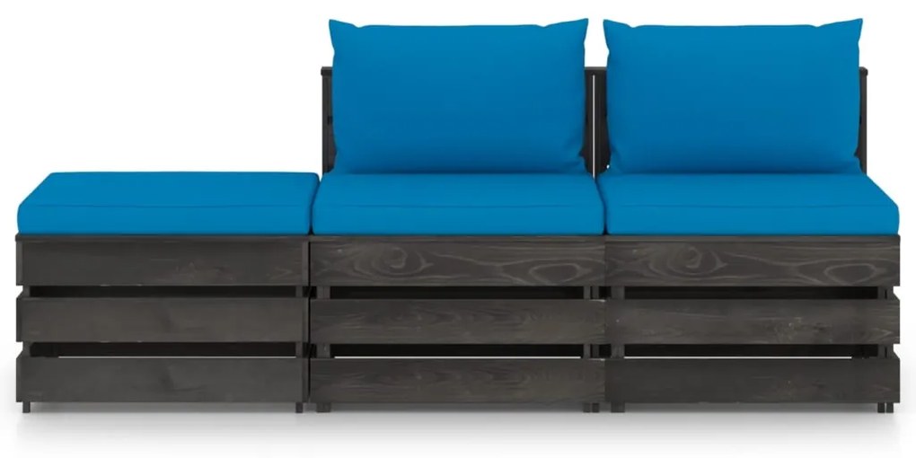 3 pcs conj. lounge jardim + almofadões madeira impreg. cinzento