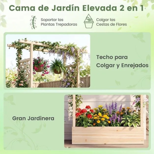 Floreira de jardim 110 x 35 x 227 cm elevada em madeira com treliça, teto suspenso, orifícios de drenagem, abeto, para plantas trepadeiras, natural