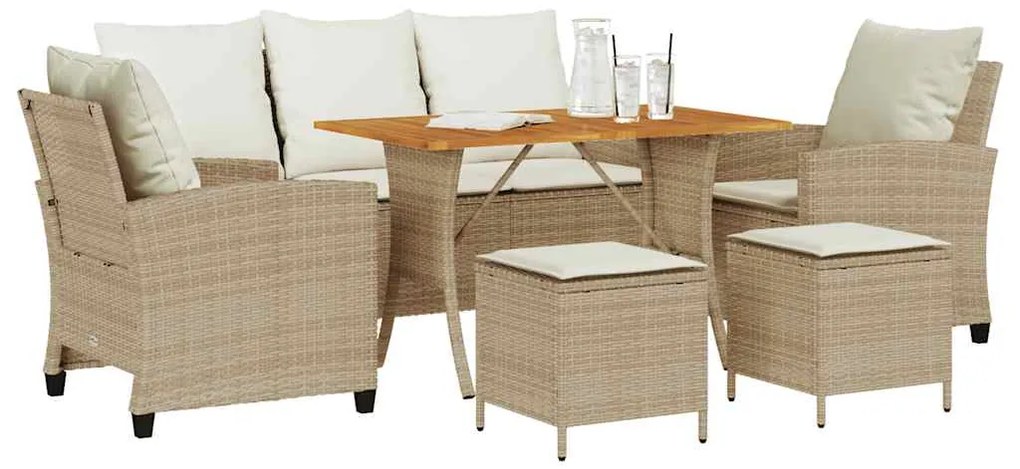 6 pcs conjunto de sofás p/ jardim com almofadões vime PE bege