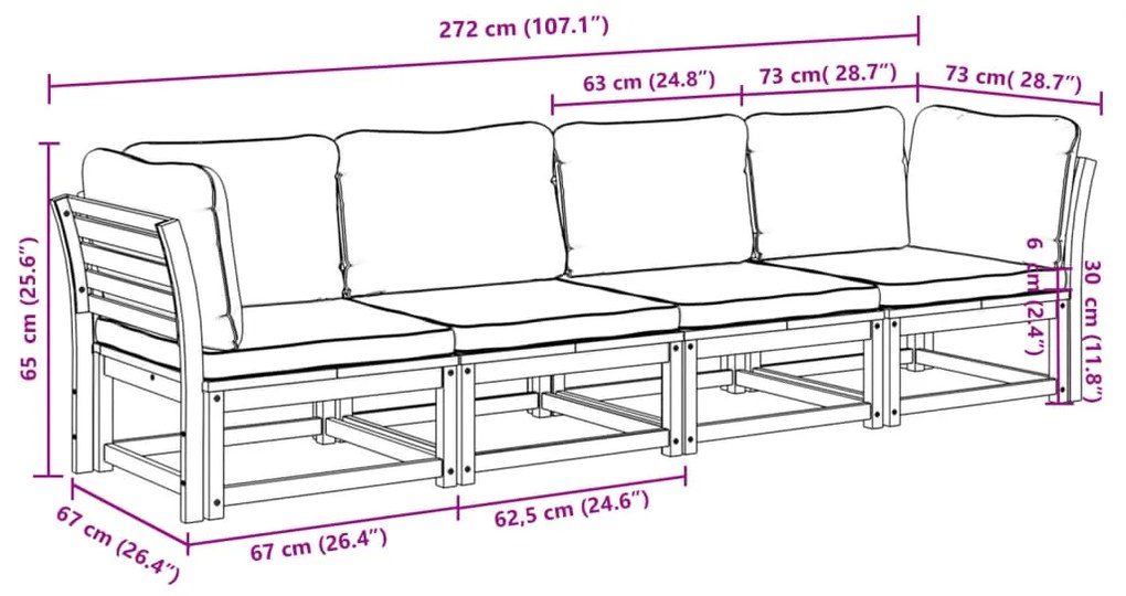 4 pcs conjunto lounge de jardim com almofadões acácia maciça