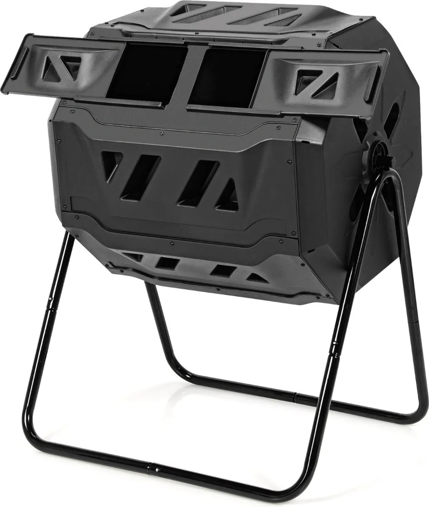 Compostor exterior 160 L,  70 x 65 x 93 cm com Cesto giratório para reciclagem de resíduos orgânicos com câmara dupla e 2 portas deslizantes Preto